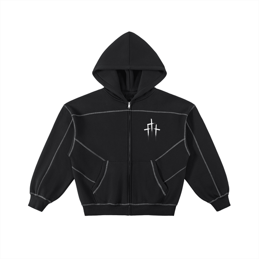 Contrast - Stitched Boxy Fleece Zip Hoodie - EDEN